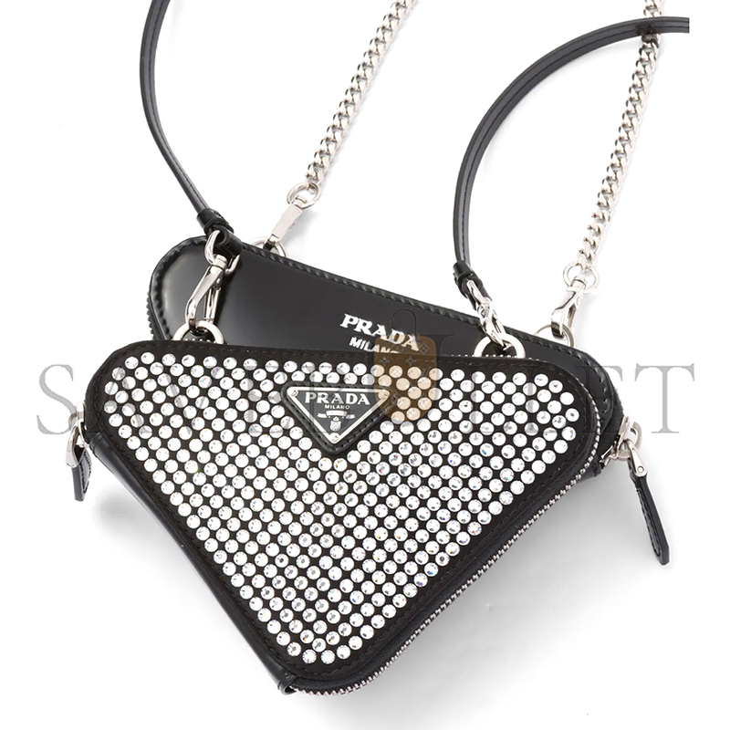 PRADA TRIANGULAR EMBELLISHED SATIN AND LEATHER MINI-POUCH 1NR015 (15*15*10cm)